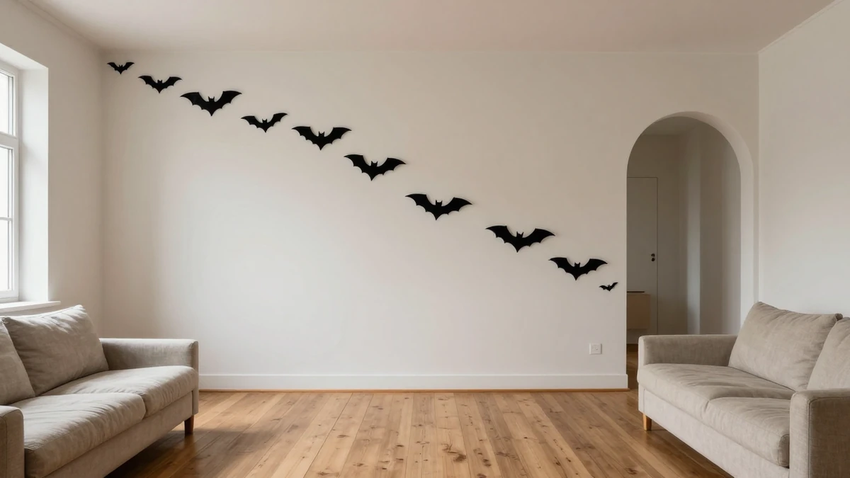 Wide living room with black bat wall decor sweeping toward an archway