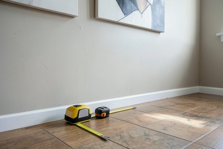 Homeowner using a tape measure and stud finder to assess floor load capacity before installing shelves.