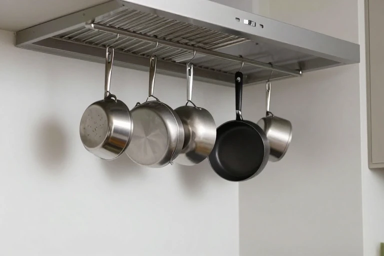 A kitchen ceiling with a metal pot rack holding several hanging pots and pans.