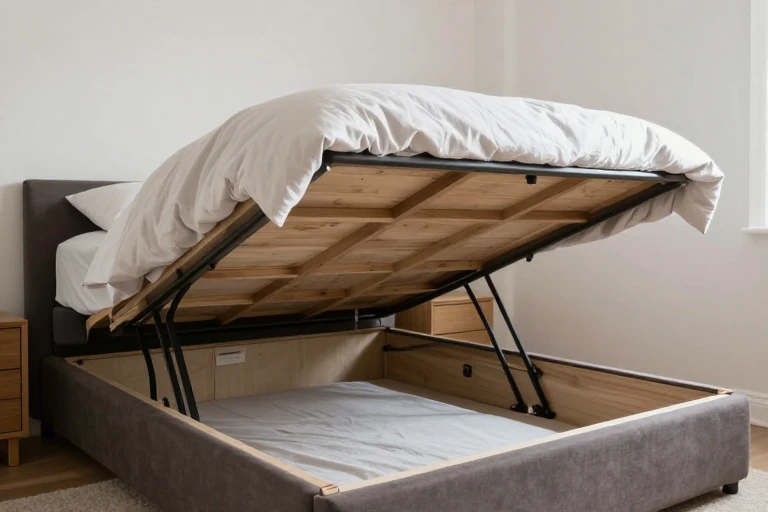 A bedroom with a bed featuring a lift‑up platform revealing storage bins underneath.