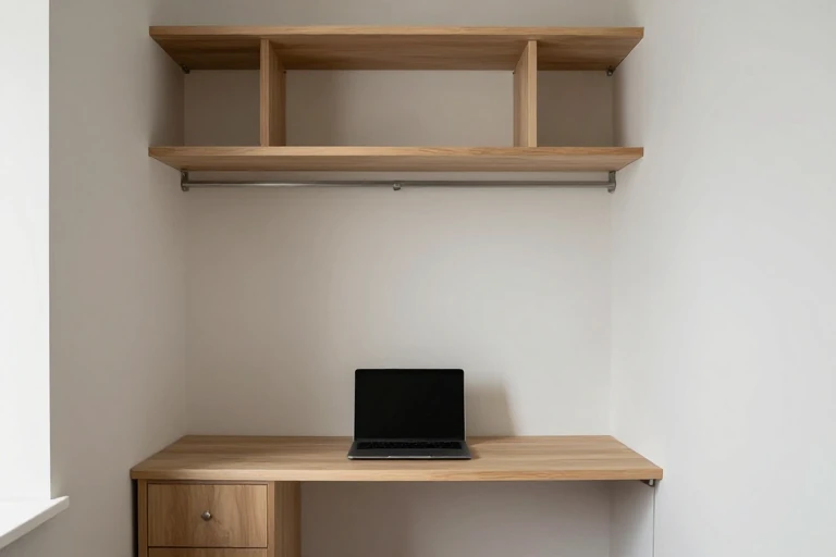 A small closet converted into a home office with a built‑in desk and shelves.