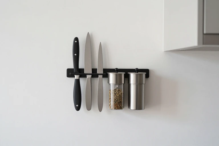 A kitchen wall with a magnetic strip holding knives and metal spice tins.