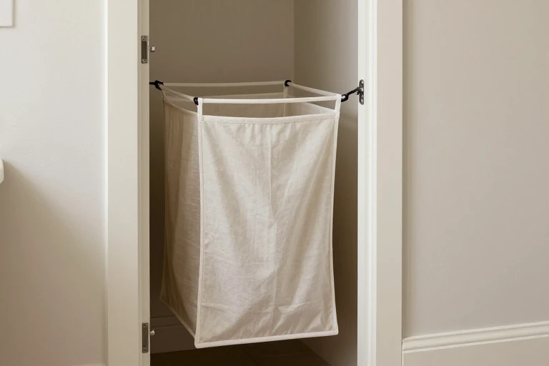 A bathroom door with a fold‑down laundry hamper hidden behind it.