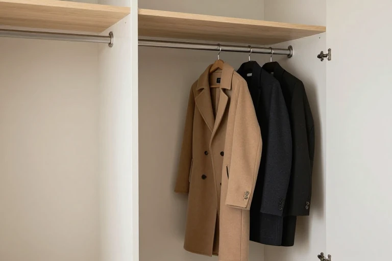 A closet with a pull‑down rod holding a few coats, lowered for easy access.