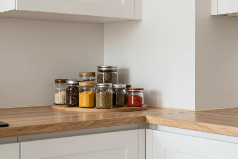 A kitchen corner cabinet with a lazy‑Susan turntable holding spice jars.