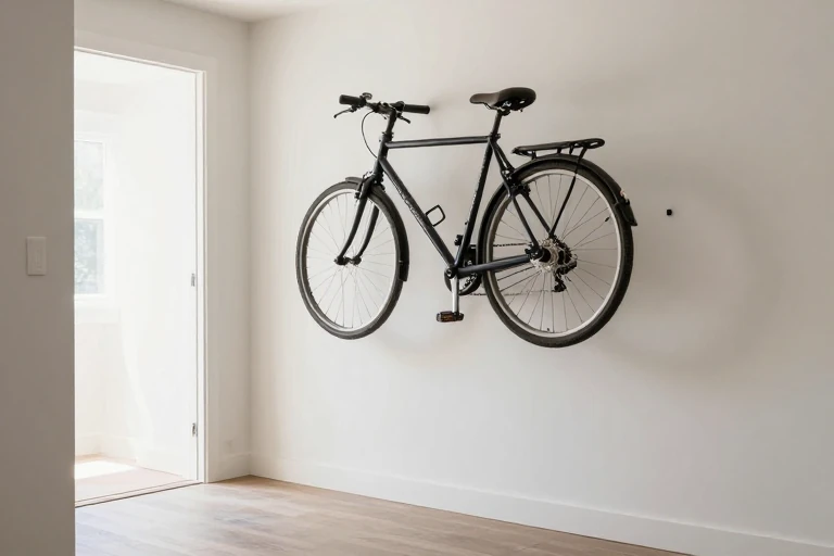 An entryway wall with a sturdy bike rack holding a bicycle upright.
