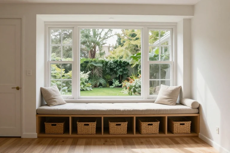 A cozy window seat with built‑in storage bins, a cushion, and a view of the outdoors.