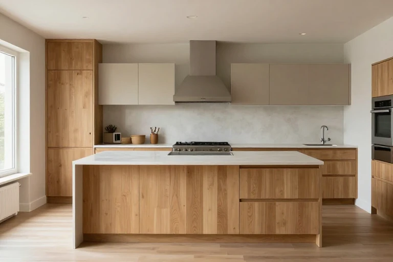 A kitchen with a rolling island featuring cabinets and a drawer, positioned near the stove.