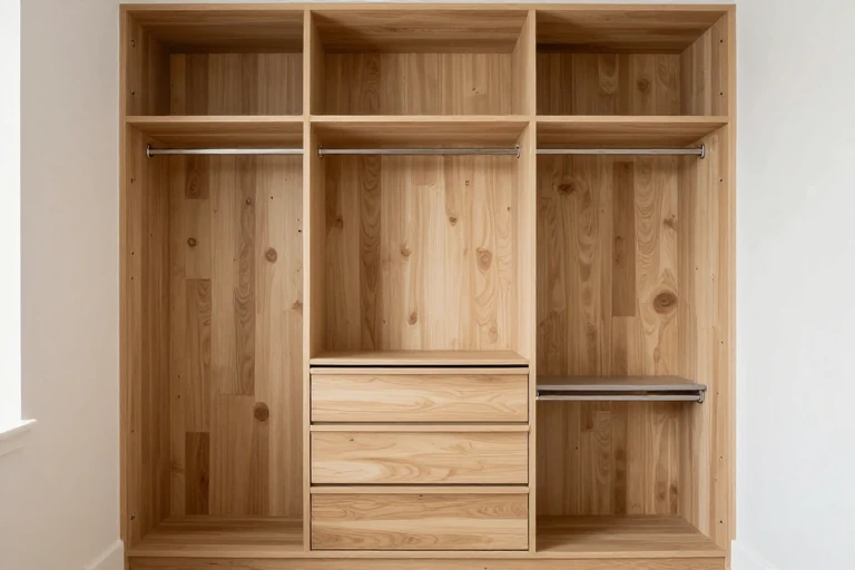 A closet with floor‑to‑ceiling built‑in shelves, hanging rods, and pull‑out drawers, showing adjustable components.