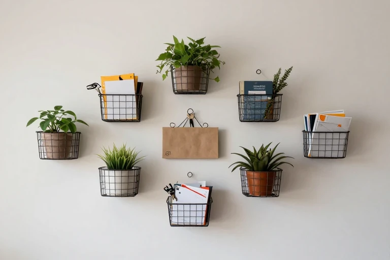 A living‑room wall with an arrangement of wire baskets holding mail, keys, and small plants.