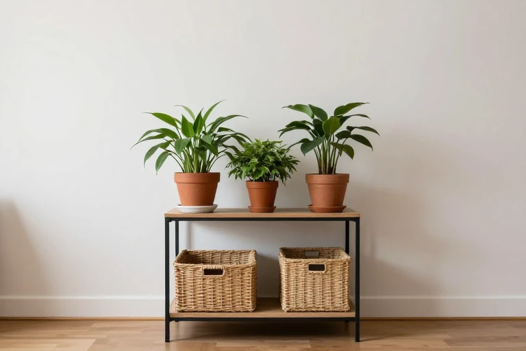 A multi‑tier plant stand with potted plants on top and storage baskets on lower shelves.