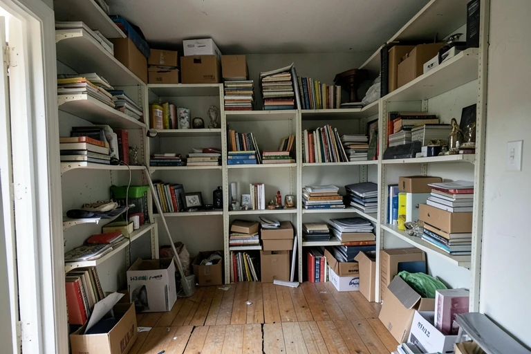 A cluttered room with overloaded shelves and a cracked floor, illustrating storage errors.