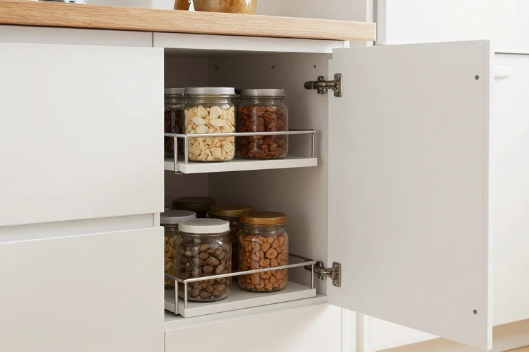 A kitchen cabinet with a pull‑out pantry shelf loaded with jars and canned goods, showing the sliding mechanism.