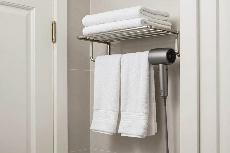 A bathroom door with a sleek over‑door rack holding towels and a hair dryer.