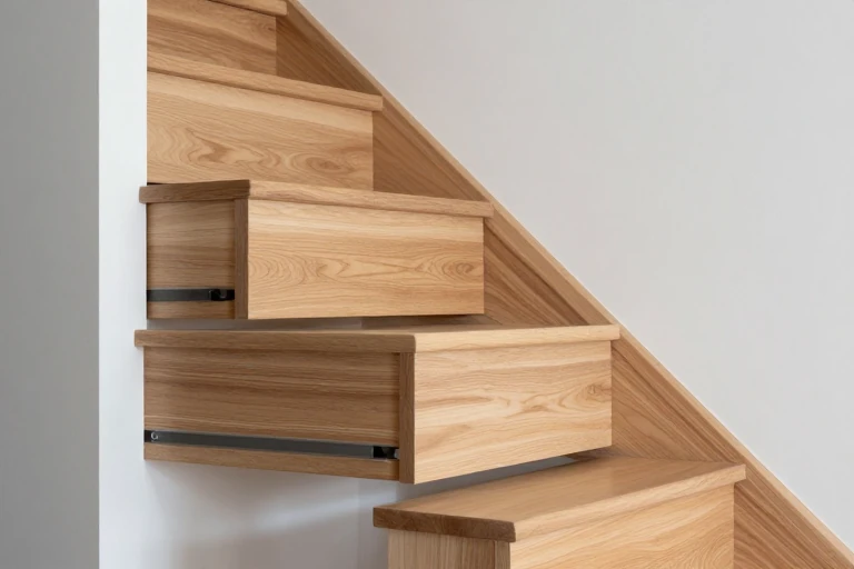 A staircase with built‑in shallow drawers in each riser, showing a hand pulling one out.