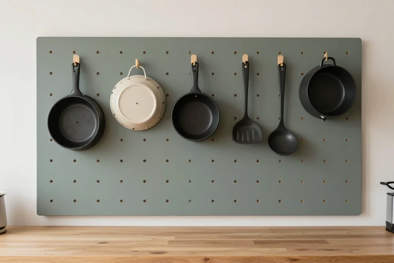 A kitchen wall with a painted pegboard holding pots, utensils, and a magnetic strip for knives.