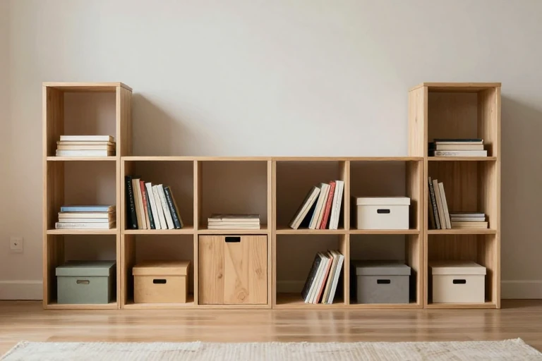 A living room with modular cube storage units, some open with books and some closed with decorative boxes.