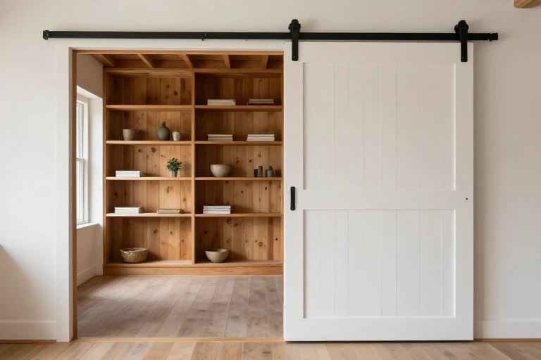 A sliding barn door opened to reveal built‑in shelves holding decorative items and books.