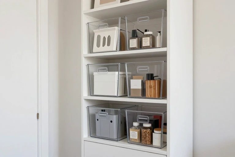 A set of clear acrylic storage bins on a shelf, each labeled and holding household items.