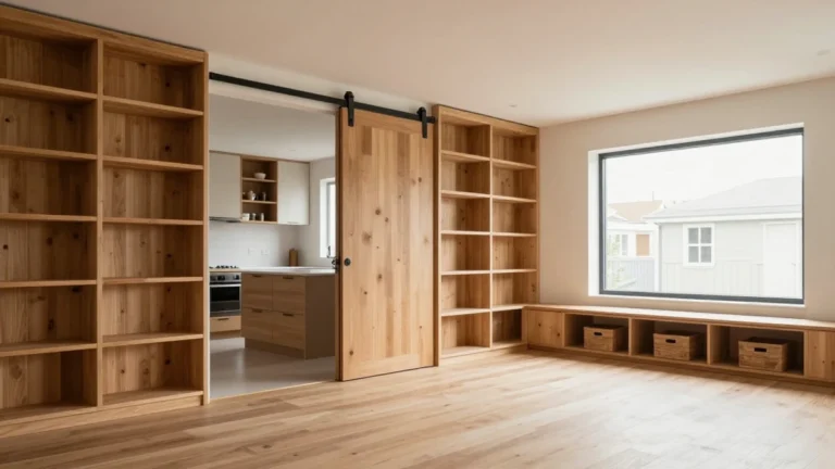 A bright, open living‑room with floor‑to‑ceiling built‑in shelves, a sliding barn door, and a rolling kitchen island, illustrating multiple storage ideas in one cohesive space.
