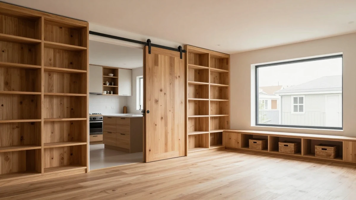 A bright, open living‑room with floor‑to‑ceiling built‑in shelves, a sliding barn door, and a rolling kitchen island, illustrating multiple storage ideas in one cohesive space.