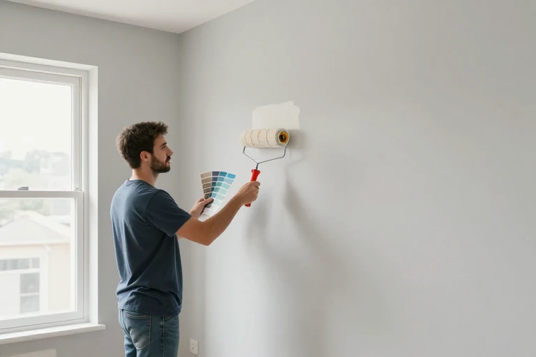 A homeowner applying paint swatches on a living‑room wall, holding a paint roller and a color chart.