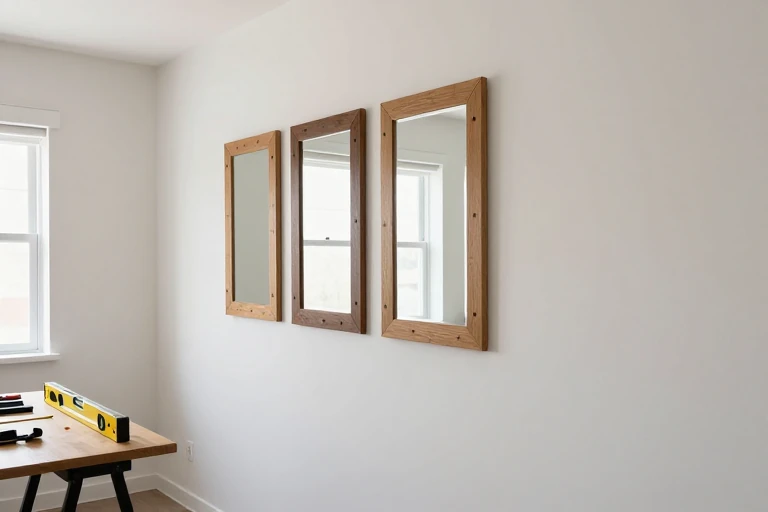A designer arranging a group of decorative mirrors on a hallway wall, using a level.