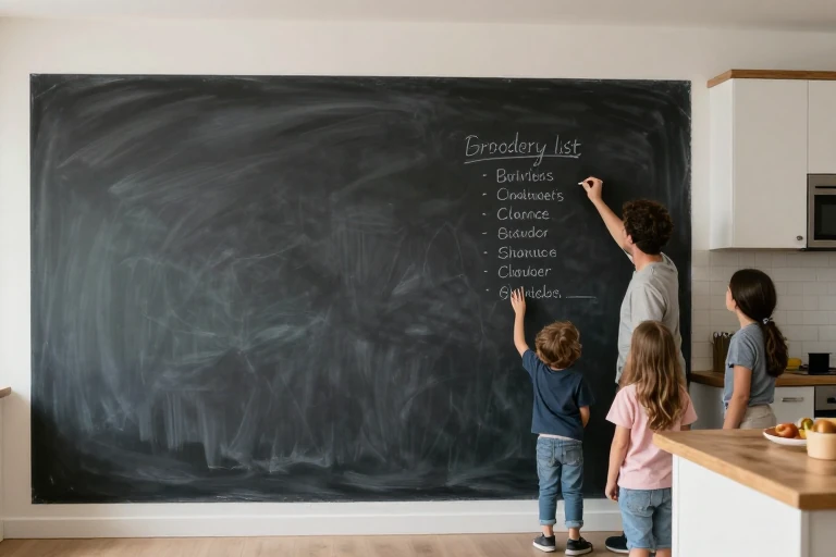 A family writing on a chalkboard wall in a kitchen, holding colorful chalk.