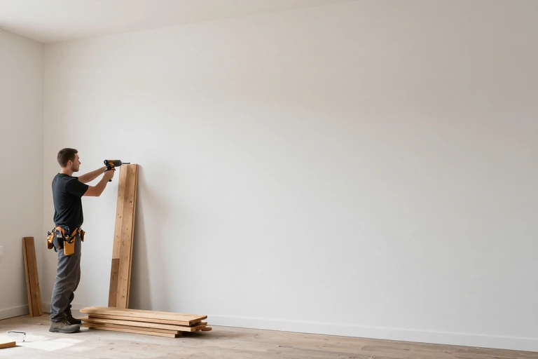 A carpenter installing reclaimed wood planks on a living‑room wall, using a nail gun.