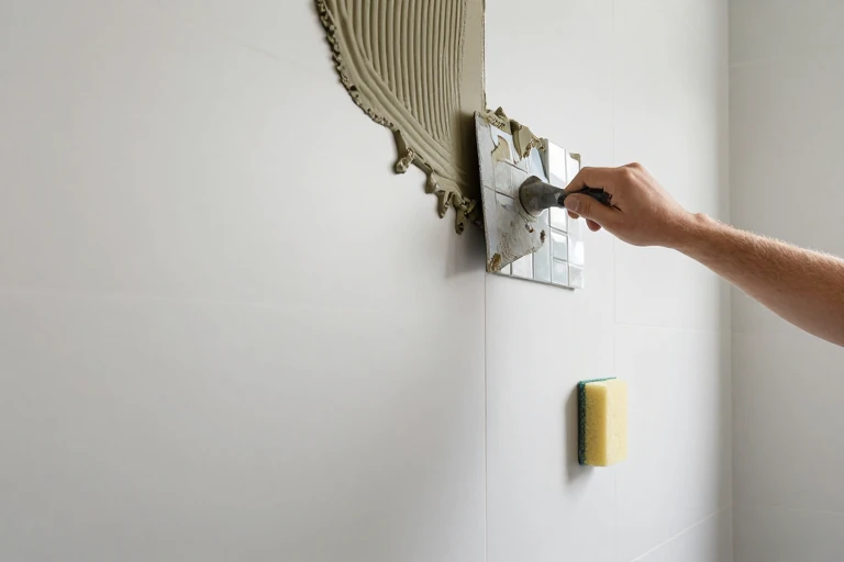 A contractor tiling a bathroom accent wall, spreading thin‑set mortar.