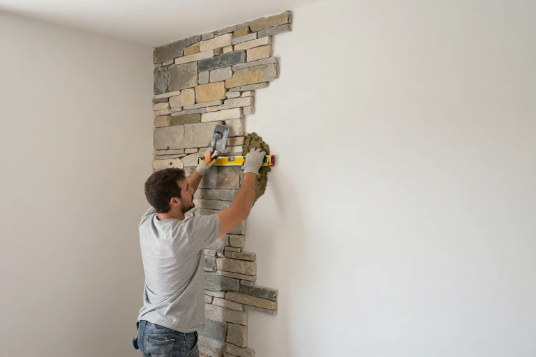 A mason applying stone veneer to an interior wall, using a trowel.