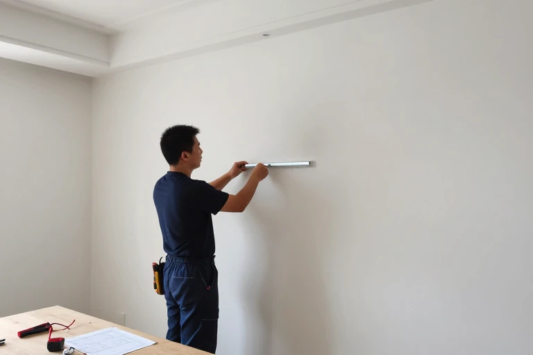 An electrician installing LED strip lighting behind a 3‑D wall panel.