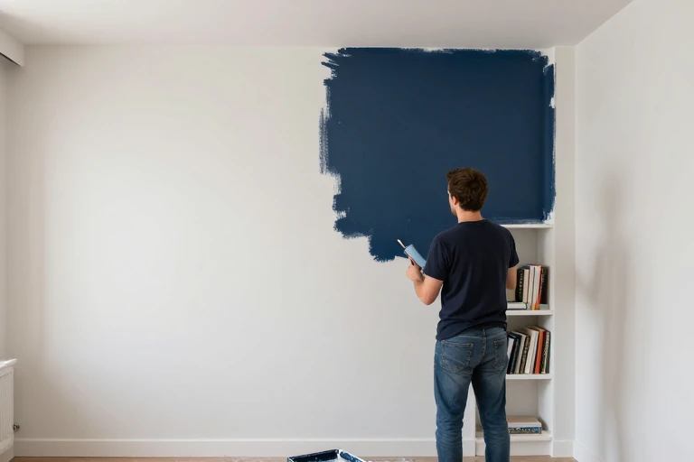 A painter applying a navy accent wall behind a built‑in bookshelf, using painter’s tape.