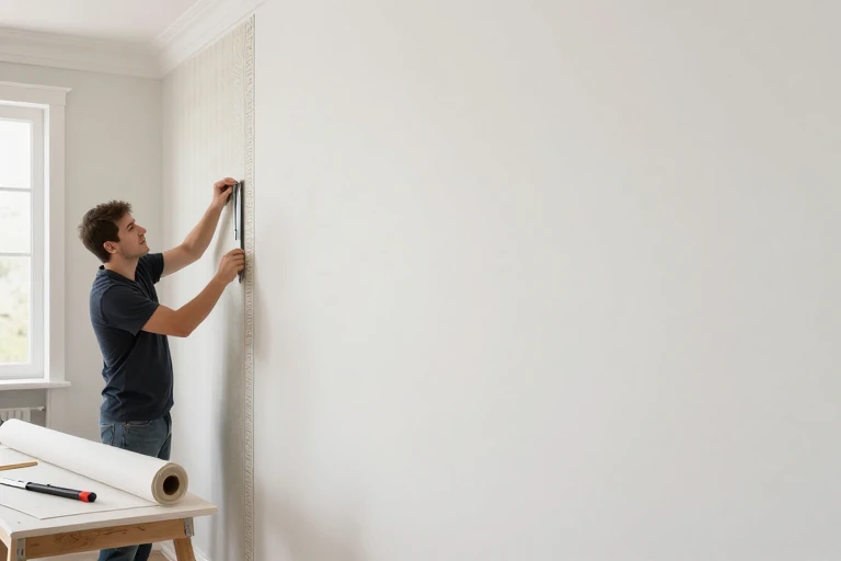A decorator applying a decorative wallpaper border in a hallway, using a smoothing tool.