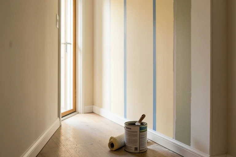 A homeowner painting vertical stripes on a narrow hallway wall, using painter’s tape.