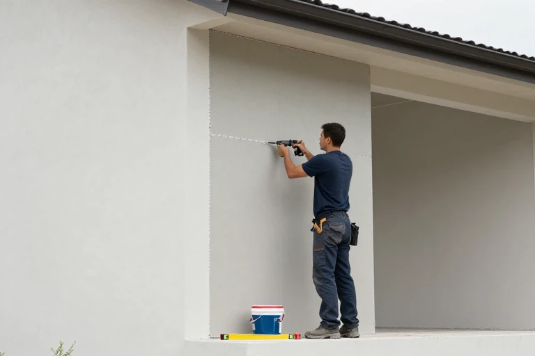 A contractor installing fiber‑cement panels on an exterior wall, using a drill.