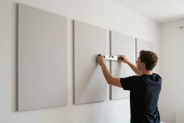 A designer installing acoustic panels on a home‑office wall, using a level.