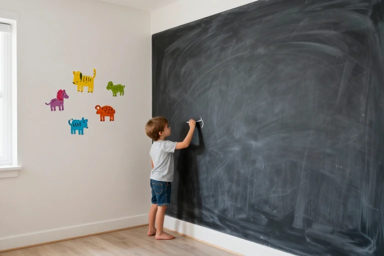 A child drawing on a chalkboard-painted wall while colorful decals adorn the surrounding area.