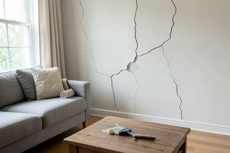 A homeowner looking at a cracked paint finish on a wall, holding a paintbrush and a stud finder.