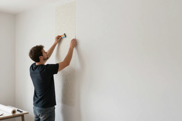 A designer aligning a patterned wallpaper strip on a bedroom wall, using a smoothing brush.