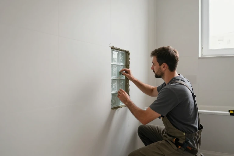 A craftsman installing glass blocks in a bathroom wall, applying mortar and aligning blocks.