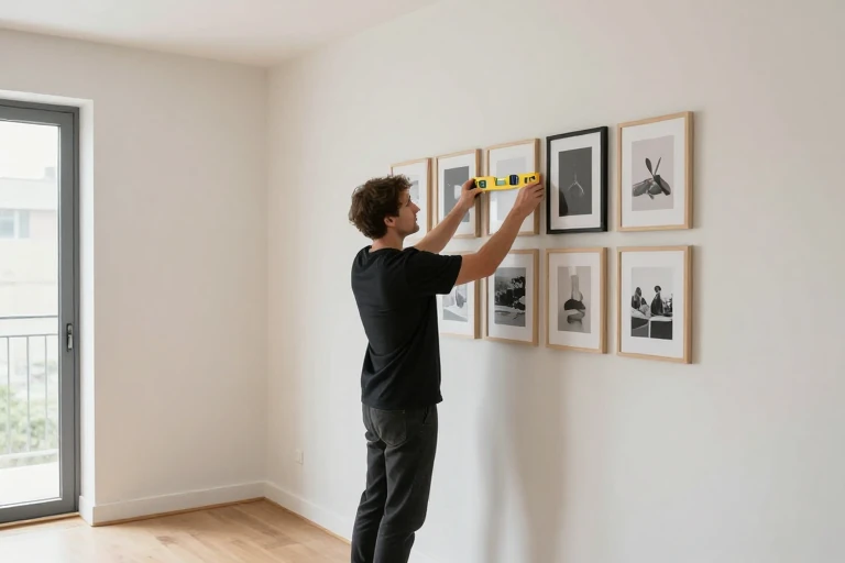 A homeowner arranging framed artwork on a living‑room wall, using a laser level.