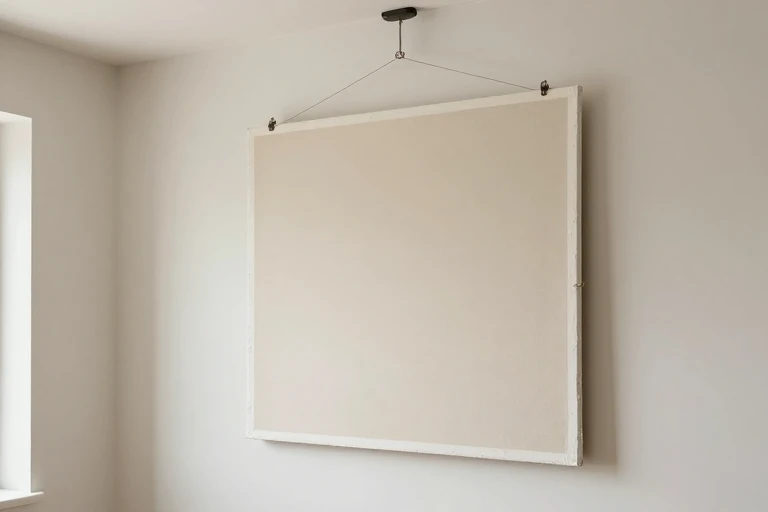 A large canvas being lifted onto a living‑room wall with a professional art hanger.