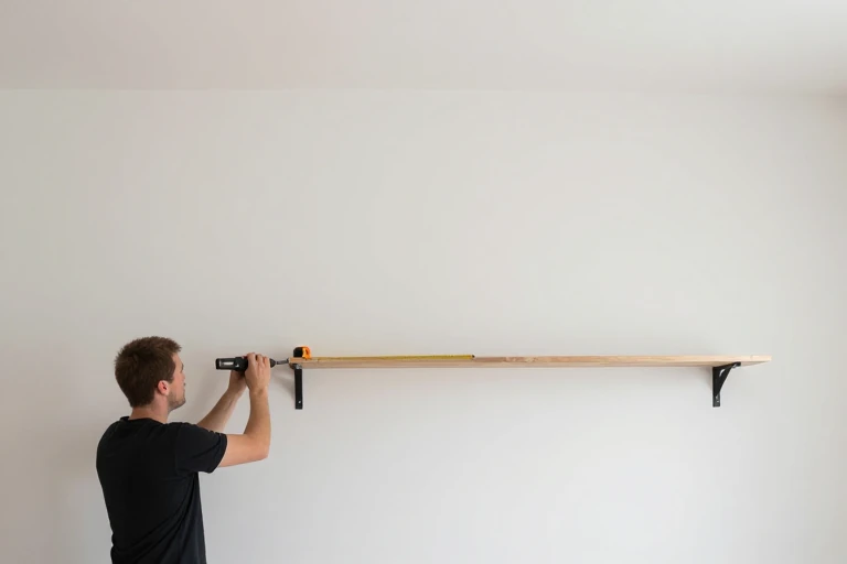 A carpenter installing a floating shelf unit in a living room, securing brackets to studs.