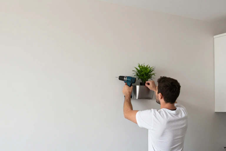 A homeowner attaching a wall‑mounted planter to a kitchen wall, holding a drill.
