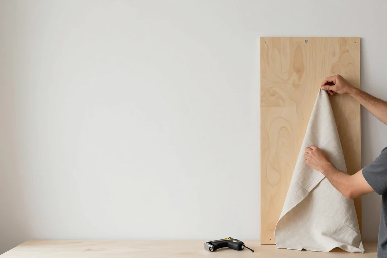 A decorator stretching a linen fabric over a plywood panel, securing it with a staple gun.