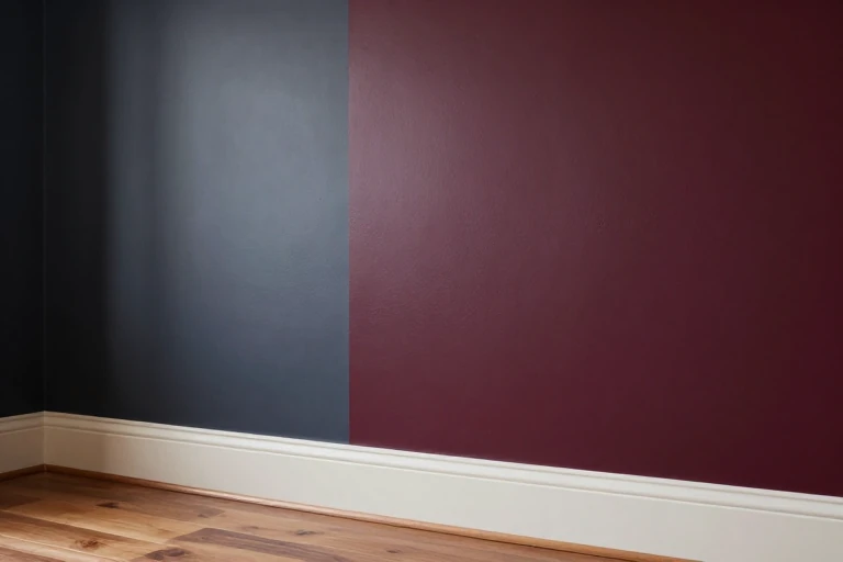 Dark paint samples compared beside walnut flooring and cream trim