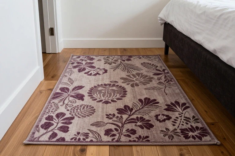 Muted botanical rug positioned beneath a dark upholstered bed