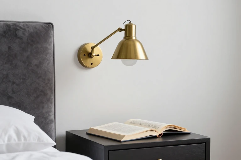Brass swing-arm sconce adjusted over a compact nightstand