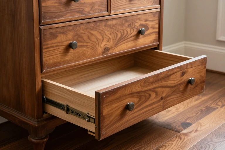 Vintage walnut dresser inspected for sound joints and veneer